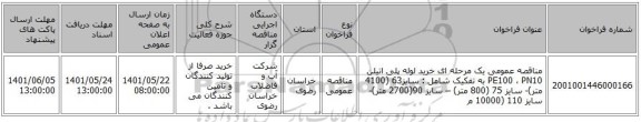 مناقصه، مناقصه عمومی یک مرحله ای خرید لوله پلی اتیلن PE100 ، PN10  به تفکیک شامل : سایز63 (4100 متر)- سایز 75 (800 متر) – سایز 90(2700 متر)- سایز 110 (10000 م