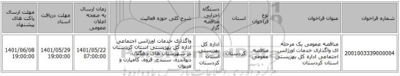 مناقصه، مناقصه عمومی یک مرحله ای واگذاری خدمات اورژانس اجتماعی اداره کل بهزیستی استان کردستان