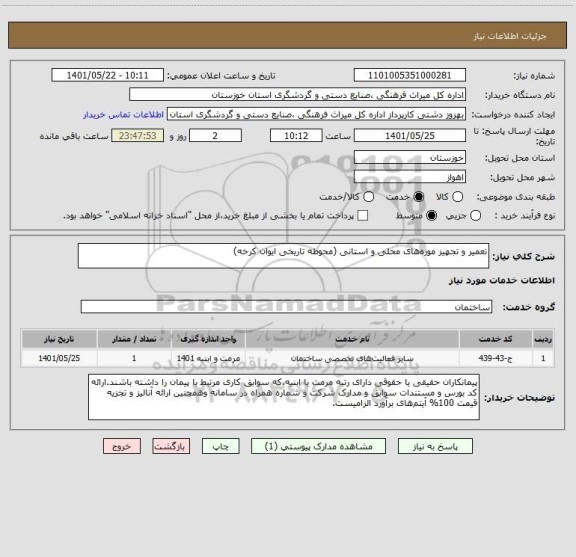 استعلام تعمیر و تجهیز موزه های محلی و استانی (محوطه تاریخی ایوان کرخه)