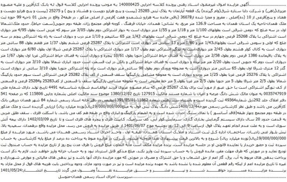 آگهی مزایده یک قطعه آپارتمان به پلاک ثبتی 25285