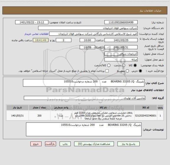استعلام بلبرینگ  BEARING 33205 /Q     عدد     200 شماره درخواست105510