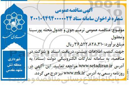 مناقصه عمومی ترمیم جوی و جدول محله پورسینا و معقول 