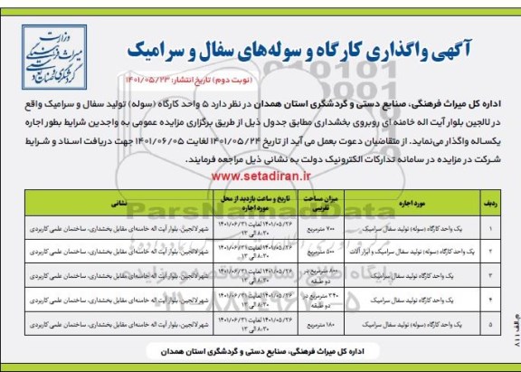 مزایده واگذاری کارگاه و سوله های سفال و سرامیک - نوبت دوم 