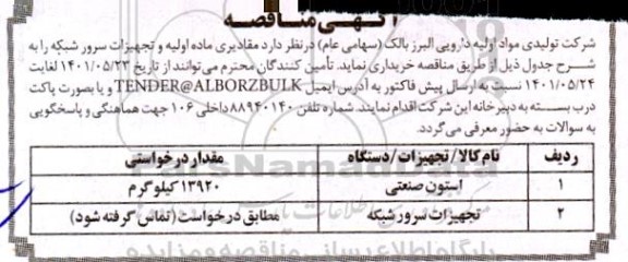 مناقصه،مناقصه مقادیری ماده اولیه و تجیهزات سرور شبکه