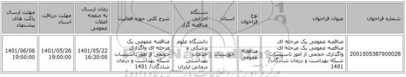 مناقصه، مناقصه عمومی یک مرحله ای مناقصه عمومی یک مرحله ای واگذاری حجمی از امور تاسیسات  شبکه بهداشت و درمان شادگان/ 1401