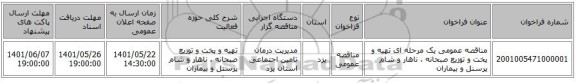 مناقصه، مناقصه عمومی یک مرحله ای تهیه و پخت و توزیع صبحانه ، ناهار و شام  پرسنل و بیماران