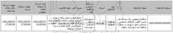 مناقصه، مناقصه عمومی یک مرحله ای تجدید آگهی کارهای تجمعی خدماتی امور شهری در جنوب منطقه دو شهرداری دزفول