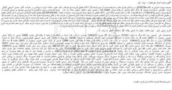 مزایده فروش پلاک ثبتی  شماره  23699  فرعی  از  151  اصلی  مفروز  ومجزی  از  23933  قطعه  8  سه  دانگ  مشاع  از  ششدانگ  عرصه و اعیان  آپارتمان  مسکونی  با  مساحت  148/68  متر مربه  