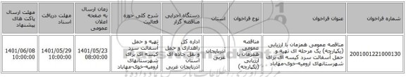 مناقصه، مناقصه عمومی همزمان با ارزیابی (یکپارچه) یک مرحله ای تهیه و حمل آسفالت سرد کیسه ای برای شهرستانهای ارومیه-خوی-مهاباد