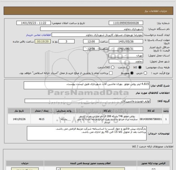 استعلام 4.615 لیتر روغن موتور  بهران ماشین آلات شهرداری طبق لیست پیوست.