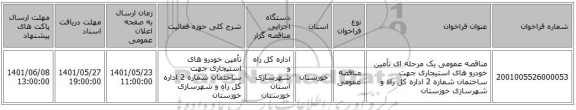 مناقصه، مناقصه عمومی یک مرحله ای تأمین خودرو های استیجاری جهت ساختمان شماره 2 اداره کل راه و شهرسازی خوزستان