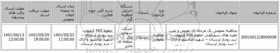 مناقصه، مناقصه عمومی یک مرحله ای تعویض و نصب مقره های سیلیکونی خطوط 400 کیلوولت سد رودبار لرستان – شهید  عباسپور  و اراک –  سد رودبار لرستان