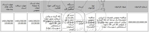مناقصه، مناقصه عمومی همزمان با ارزیابی (یکپارچه) یک مرحله ای  لکه گیری و روکش آسفالت محور خوی-چالدران از کیلومتر 30 الی 39 (حوزه استحفاظی شهرستان خوی)