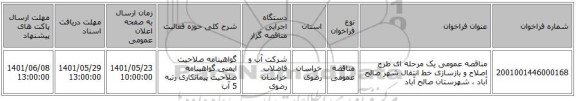 مناقصه، مناقصه عمومی یک مرحله ای طرح اصلاح و بازسازی خط انتقال شهر صالح آباد ، شهرستان صالح آباد