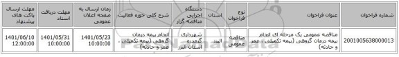 مناقصه، مناقصه عمومی یک مرحله ای انجام بیمه درمان گروهی (بیمه تکمیلی ، عمر و حادثه)