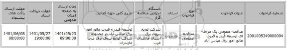مناقصه، مناقصه عمومی یک مرحله ای توسعه فیدر و قدرت مانور امور برق عباس آباد
