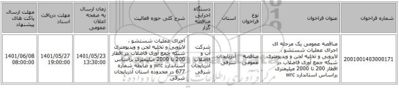 مناقصه، مناقصه عمومی یک مرحله ای اجرای عملیات شستشو ، لایروبی و تخلیه لجن و ویدیومتری شبکه جمع آوری فاضلاب در اقطار 200 تا 2000 میلیمتری براساس استاندارد wrc