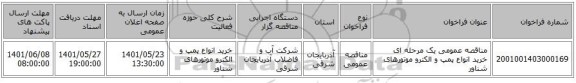 مناقصه، مناقصه عمومی یک مرحله ای خرید انواع پمپ و الکترو موتورهای شناور