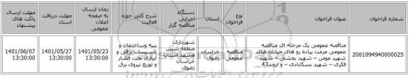 مناقصه، مناقصه عمومی یک مرحله ای مناقصه عمومی  مرمت پیاده رو های خیابان های شهید مومن – شهید بخشی – شهید فکری – شهید بسکابادی – و اروند43