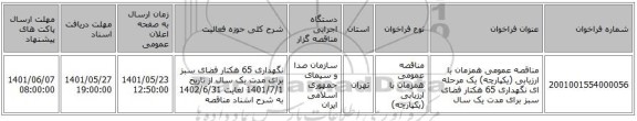 مناقصه، مناقصه عمومی همزمان با ارزیابی (یکپارچه) یک مرحله ای نگهداری 65 هکتار فضای سبز برای مدت یک سال