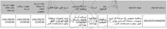 مناقصه، مناقصه عمومی یک مرحله ای خرید تجهیزات سامانه گندزدایی و ... طبق براورد و مشخصات فنی