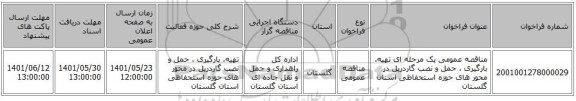 مناقصه، مناقصه عمومی یک مرحله ای تهیه، بارگیری ، حمل و نصب گاردریل در محور های حوزه استحفاظی استان گلستان