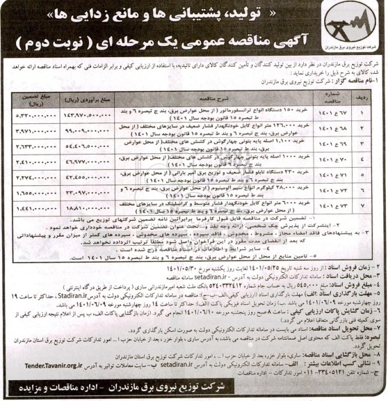 مناقصه خرید 150 دستگاه انواع ترانسفورماتور...- نوبت دوم