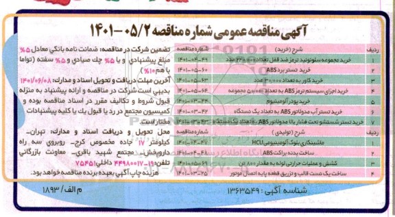 مناقصه خرید مجموعه سلونوئید ترمز ضد قفل.....