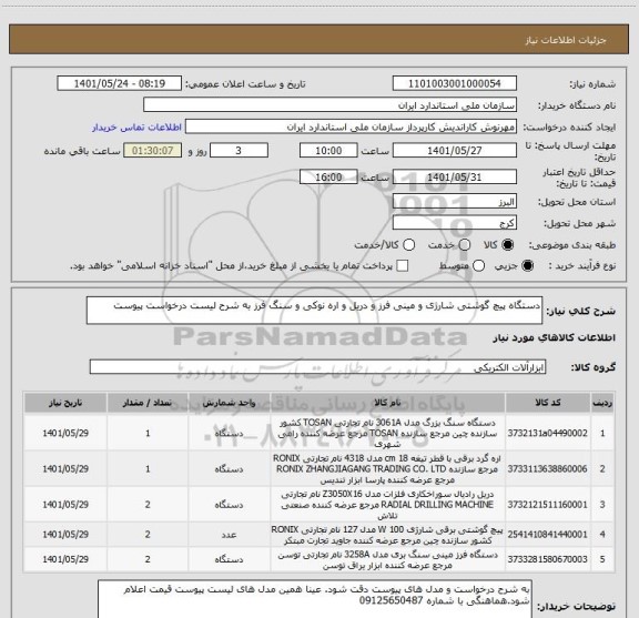 استعلام دستگاه پیچ گوشتی شارژی و مینی فرز و دریل و اره نوکی و سنگ فرز به شرح لیست درخواست پیوست