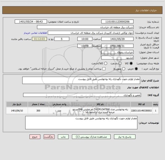 استعلام مقدار لوازم جهت نگهداری رله بوخهلتس طبق فایل پیوست