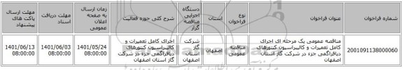 مناقصه، مناقصه عمومی یک مرحله ای اجرای کامل تعمیرات و کالیبراسیون کنتورهای دیافراگمی جزء در شرکت گاز استان اصفهان