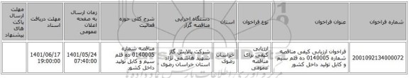 مناقصه، فراخوان ارزیابی کیفی مناقصه شماره 0140005 ده قلم سیم و کابل تولید داخل کشور