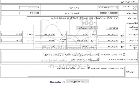 مزایده ، فروش ضایعات آهنی، فولادی و چدنی حدود 25 تن به مبلغ هر کیلو گرم یازده هزار تومان