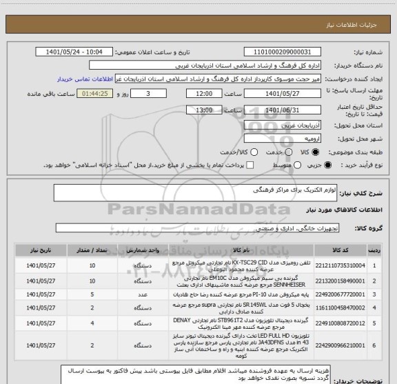 استعلام لوازم الکتریک برای مراکز فرهنگی