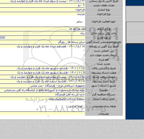 مزایده, بهره برداری از رستوران و آشپزخانه واقع در ایستگاه راه آهن بندرعباس