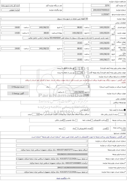 مزایده ، 19 قطعه زمین تجاری در شهرستان سبزوار -مزایده زمین  - استان خراسان رضوی
