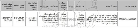 مناقصه، مناقصه عمومی همزمان با ارزیابی (یکپارچه) یک مرحله ای اجرای عملیات رفع اتفاقات ، رفع خاموشی و نت شبکه های توزیع نیروی برق در بخش بنارویه شهرستان لارستان