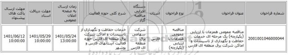مناقصه، مناقصه عمومی همزمان با ارزیابی (یکپارچه) یک مرحله ای  خدمات حفاظت و نگهداری از تاسیسات و اماکن  شرکت برق منطقه ای فارس