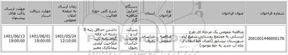مناقصه، مناقصه عمومی یک مرحله ای طرح آبرسانی به مجتمع روستایی شفیع آباد - شهرستان نیشابور (اتصال خط انتقال از چاه آب جدید به خط موجود)