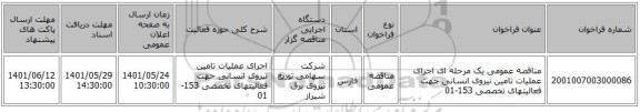 مناقصه، مناقصه عمومی یک مرحله ای اجرای عملیات تامین نیروی انسانی جهت فعالیتهای تخصصی 153-01