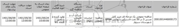 مناقصه، مناقصه عمومی یک مرحله ای خرید کابل مسی 3 در 50 تخت لاستیکی با روکش EPDM شهرستان سبزوار