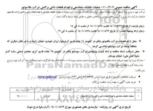 مناقصه  عملیات تفکیک ساماندهی و انهدام قطعات داغی برگشتی 