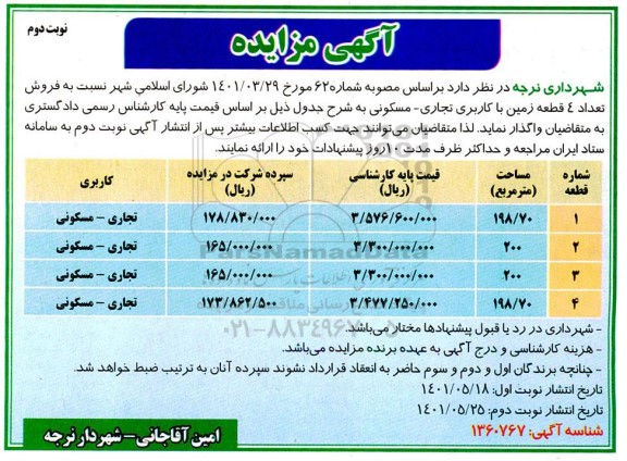 مزایده فروش تعداد 4 قطعه زمین با کاربری تجاری - مسکونی نوبت دوم 