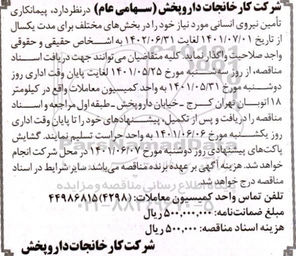 مناقصه پیمانکار تامین نیروی انسانی 