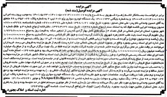 مزایده فروش یکدستگاه سواری پژو 206 تیپ 2 مدل 1390