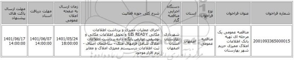 مناقصه، مناقصه عمومی یک مرحله ای تهیه بانک اطلاعات املاک  ممیزی حریم  شهر بهارستان
