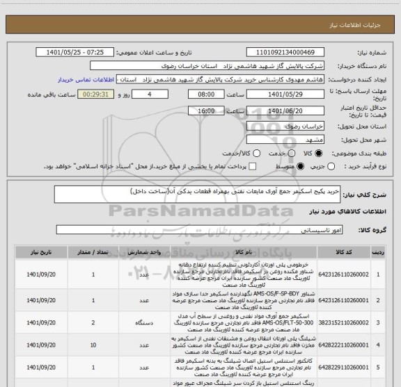 استعلام خرید پکیج اسکیمر جمع آوری مایعات نفتی بهمراه قطعات یدکی آن(ساخت داخل)