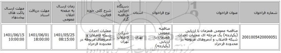 مناقصه، مناقصه عمومی همزمان با ارزیابی (یکپارچه) یک مرحله ای عملیات احداث شبکه فاضلاب و آدمروهای مربوطه در محدوده فرحزاد