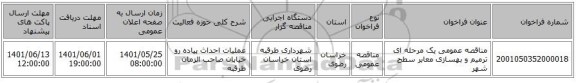 مناقصه، مناقصه عمومی یک مرحله ای ترمیم و بهسازی معابر سطح شهر