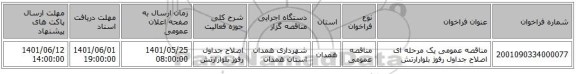 مناقصه، مناقصه عمومی یک مرحله ای اصلاح جداول رفوژ بلوارارتش